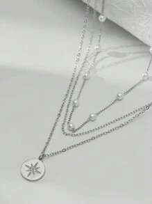 3pcs/Set Layered Design Copper Circular Pendant With Cubic Zirconia And Faux Pearl Decor Necklace Set, Suitable For Women Everyday And Holiday Wear (Random Pearl Quantity) - Silver - View 3