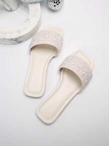 Women Plus Size Flat Sandals Vacation Style Casual Versatile Rhinestone Decor Slides, Summer - Beige - View 5