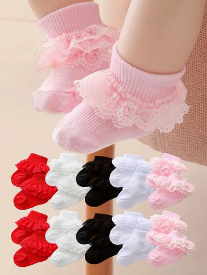 5/10/1 Pair Of Baby Socks. 0-3Y Girls' Short Socks With Lace Ruffle. Comfortable Princess Socks For Newborns. Lace Socks. Soft And Comfortable. Available In Pink, Black, Red, Beige, And White. Suitable For Wearing In Spring, Summer, Autumn, And Winter