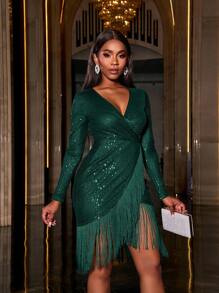Faeriesty Vestido de cóctel con flecos y lentejuelas, vestido de invitado de boda - Verde Oscuro - Ver 8