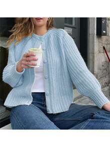 Women's Sweater Cardigan Loose Solid Color Crew Neck Long Sleeve Button Down Casual Tops For Winter FallY2K