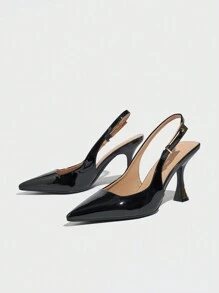 Sepatu hak tinggi wanita model slip-on model mule dengan hiasan gesper logam, warna solid, ujung runcing dan tertutup, modis & nyaman, cocok untuk pemakaian sehari-hari, bepergian, acara formal di musim gugur/musim dingin, sepatu kerja PU hitam, elegan. - Hitam - View 6