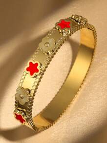 1pc Fashionable Floral Stainless Steel Plated Gold Bracelet, Non-Fading, Waterproof For Women