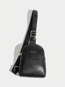 时尚字母印花小号斜挎包胸包带可调节肩带，男女通用休闲斜挎包单肩包，轻便多功能旅行斜挎包挎包，适合旅行、徒步旅行、骑自行车、户外徒步旅行、登山骑行、通勤 - 黑色 - 查看 5