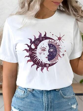 Camiseta casual elegante com estampa gráfica estilo rua e gola redonda