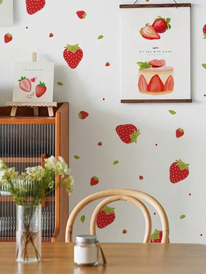 1 Set Of Strawberry Removable Waterproof Self-Adhesive PVC Stickers, Suitable For Living Room, Bedroom, Background Wall, Wall Decoration, Home Decoration,Renovation Stickers Peel Wall Panels,Wall Paper, Wallpapers,Spring Decoration Items Refresh Your Home,Rama Decoration Stickers