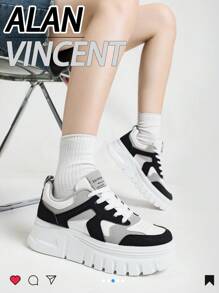 Alan Vincent【厚底增高系列】女士黑白鞋，新款厚底增高休闲运动鞋，系带，舒适可爱，适合日常穿着 - 黑與白 - 查看 8