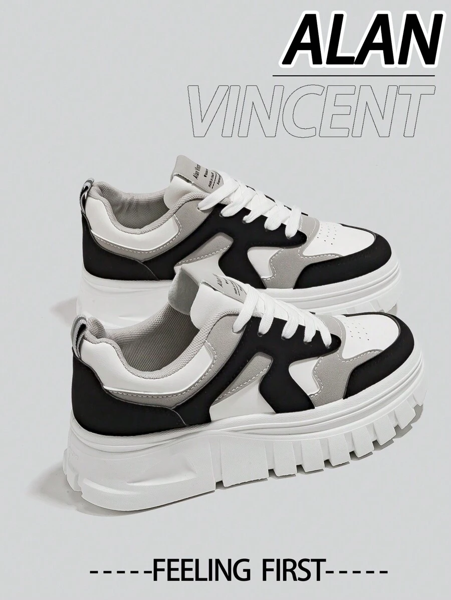 Alan Vincent【厚底增高系列】女士黑白鞋，新款厚底增高休闲运动鞋，系带，舒适可爱，适合日常穿着