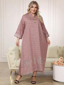 2026新款斋月传统优雅刺绣金珠长袍，流苏V领下摆，女士款 - 乾枯玫瑰色 - 查看 6