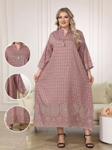 2026新款斋月传统优雅刺绣金珠长袍，流苏V领下摆，女士款 - 乾枯玫瑰色 - 查看 1