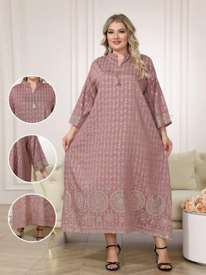 斋月手工刺绣金色珠子阿拉伯风格女式优雅连衣裙，配流苏 V 领，高端 2025 年春夏