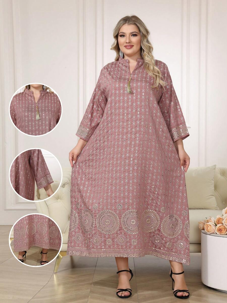 2026新款斋月传统优雅刺绣金珠长袍，流苏V领下摆，女士款 - 乾枯玫瑰色 - 查看 1