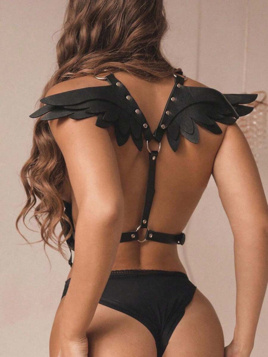 1件女士性感朋克风角色扮演翅膀形PU皮革背带，黑色，适合派对和圣诞节节日 - A - 查看 1