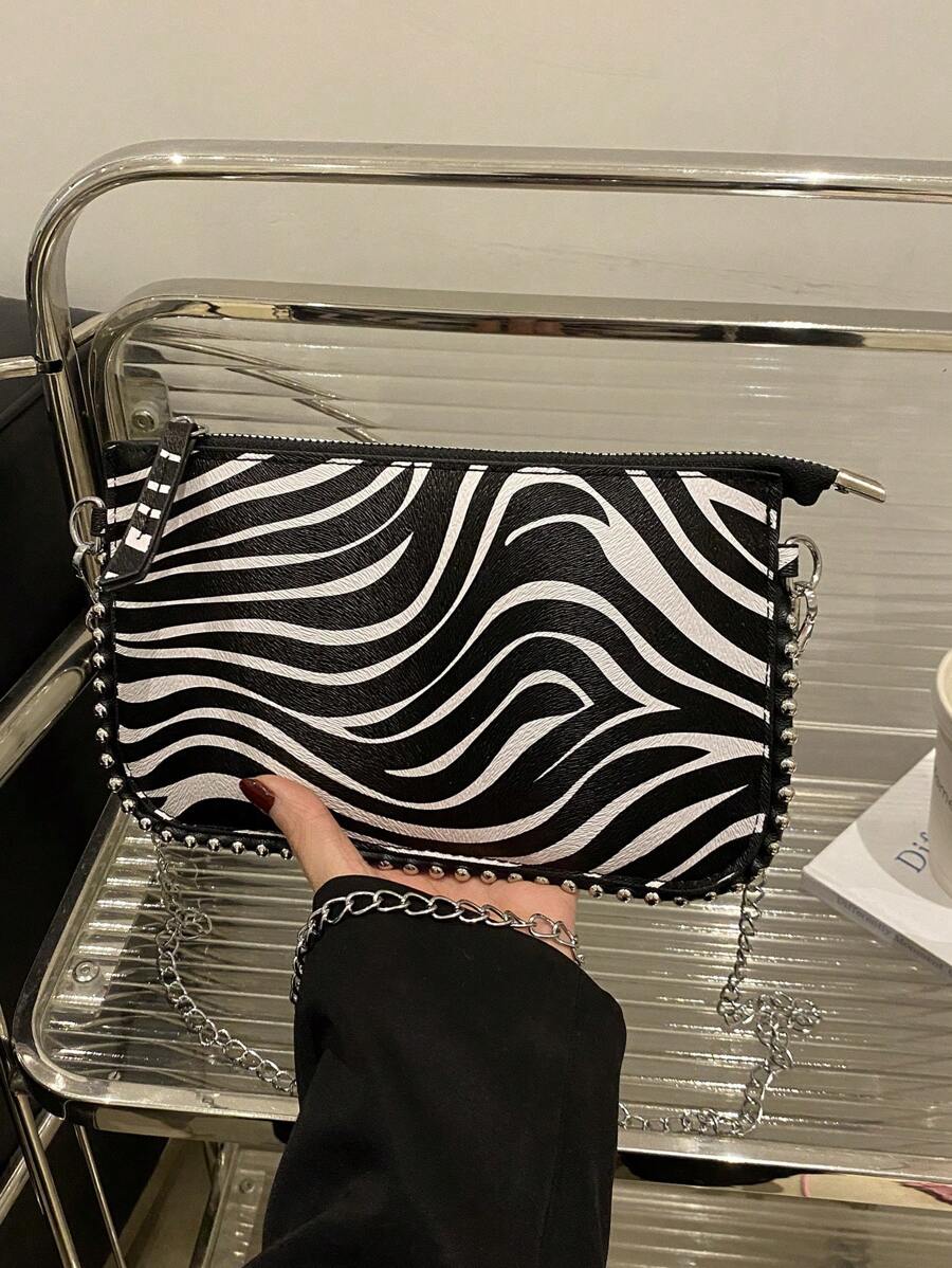Zebra Print Shoulder Bag, Fashionable Ladies Charm Chic Beaded Crossbody Handbag