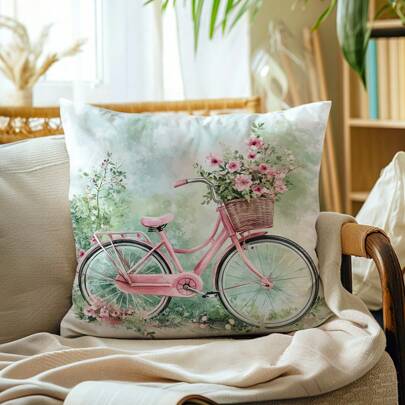 1 件水彩粉色自行车与花卉装饰枕套，单面印花桃色天鹅绒，45 * 45 厘米/18 * 18 英寸靠垫套，适用于现代沙发、客厅装饰、派对、礼物