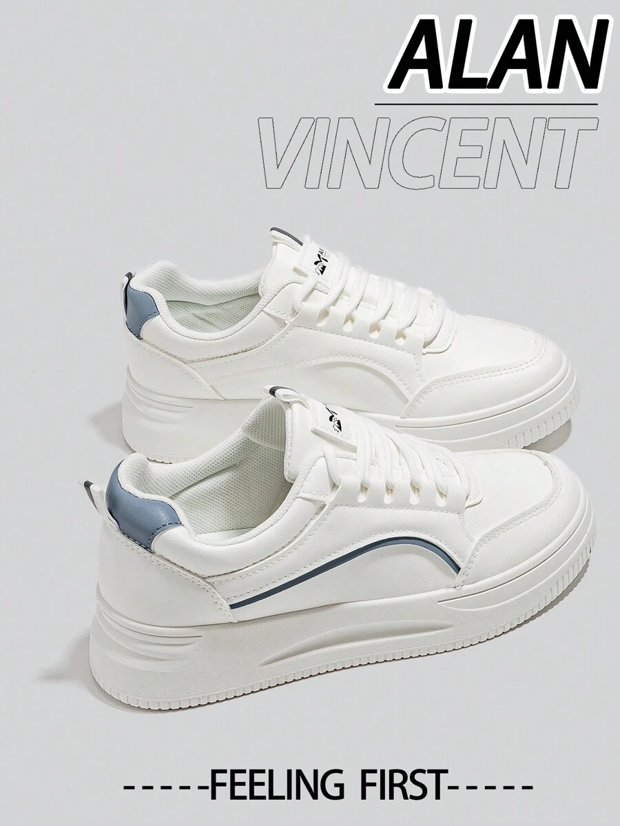 Alan Vincent 2025 Spring New Shoes For Women White Shoes Low Top Lace-Up Sneakers Comfortable Sport Shoes Ladies Flat Shoes Versatile For Shopping White And Blue Color Matching