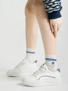 Alan Vincent 2025 Spring New Shoes For Women White Shoes Low Top Lace-Up Sneakers Comfortable Sport Shoes Ladies Flat Shoes Versatile For Shopping White And Blue Color Matching - Blue - View 9