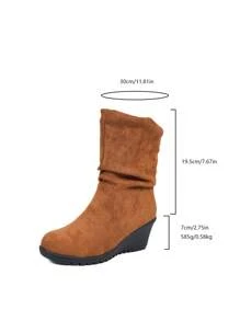 Giày bốt cao đến giữa bắp chân, mũi tròn, màu trơn, đế xuồng, thời trang dành cho nữ, thích hợp cho mùa thu/đông, giày đi làm đa năng - Cà phê nâu - Xem 2