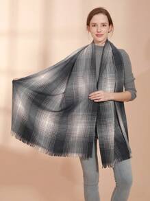 1 件女士冬季格子短流苏围巾，温暖柔软羊绒披肩，时尚街头风格适合旅行和日常使用 - 灰色 - 查看 3
