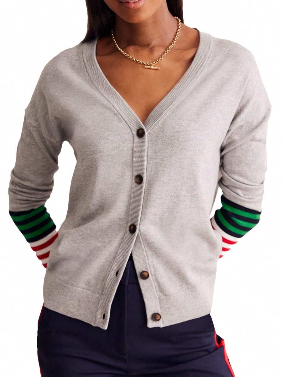 Women's Striped Cardigan V Neck Long Sleeve Button Down Knit Tops Streetwear - Grey - View 1