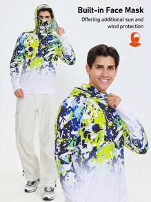 RODEEL 男士连帽T恤，带口罩，渐变印花插肩袖，速干透气，长袖，适合户外运动、钓鱼和徒步旅行。 - 白色 - 查看 6