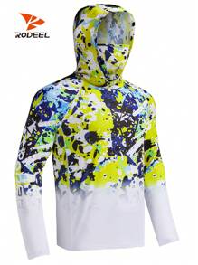 RODEEL 男士连帽T恤，带口罩，渐变印花插肩袖，速干透气，长袖，适合户外运动、钓鱼和徒步旅行。 - 白色 - 查看 10