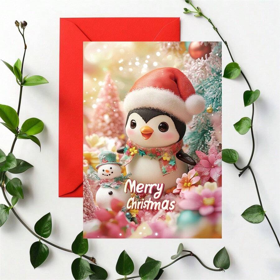 1pc/2pcs Beautifully Designed Christmas Card With Adorable Penguin Or Snowman Wearing Santa Hat, Excellent Christmas Gift For Penguin Lovers, Comes With Envelope, Suitable For Family, Friends, Son, Daughter, Grandson, Granddaughter, High Quality Thick Card Paper, Comfortable Texture - Red - View 1