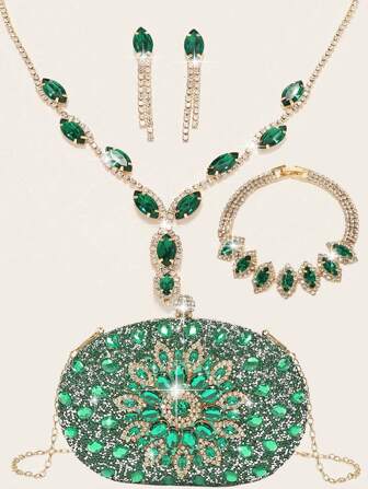 4 件装女士水钻晚装手拿包水钻耳夹新娘婚礼颈链手链吊饰彩色钱包女士晚装包婚礼手提包手拿包