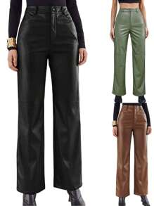 Women Solid Color Leather Pants Casual High Waist Straight With Side Pockets  Y2K Streetwear Going Out PU Trousers - 深棕色 - 查看 2