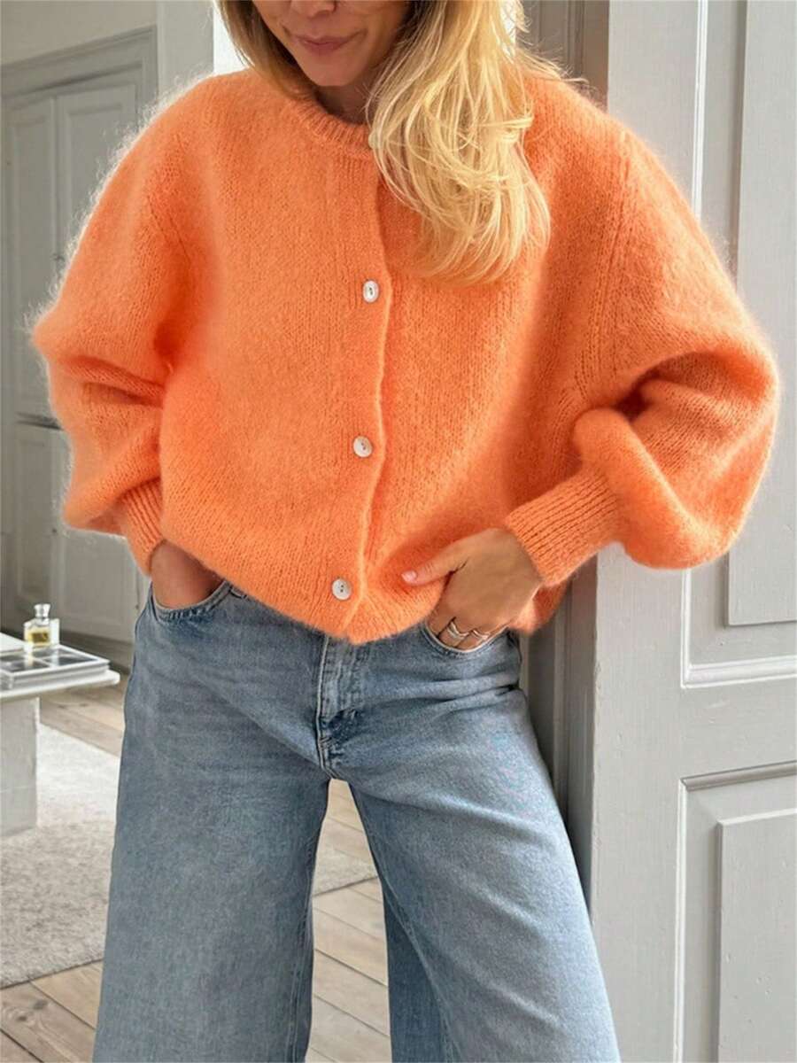 Women's Classic Crewneck Solid Open Front Cardigan Casual Button Down Long Sleeve Knit Cardigan Sweater Soft Basic Knitwear - 橘色 - 查看 1