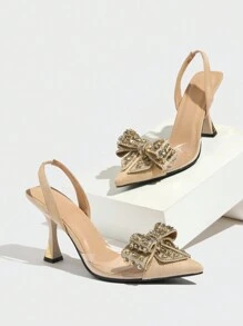 Giày cao gót mũi nhọn đính đá và nơ dành cho nữ, giày bít mũi gợi cảm, kiểu slingback, thích hợp cho dạ hội, đám cưới, tiệc tùng, hẹn hò, thoải mái cho mùa thu/đông, màu be, kiểu gót thấp, thanh lịch, gót nhọn. - Màu be - Xem 5