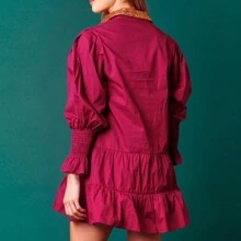 Awevudst Womens Christmas Button Down Shirts Dresses With Sequin Nutcracker Cartoon Character Button Up Tunics Long Sleeve Turn Down Collar Puff Sleeve Ruffle Hem Short Mini Dress - 紫紅色 - 查看 6