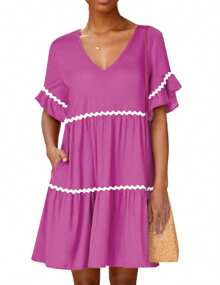 tooluck Women's Flowy Mini Dress With Pockets Solid Color & Stripes Print Design V Neck Ruffle Short Sleeve A Line Tiered - 玫紅色 - 查看 6