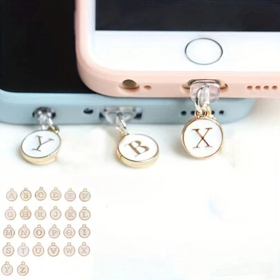 1 pieza Tapón antipolvo con colgante rosa con 26 letras iniciales del alfabeto inglés en ambos lados, compatible con conector Lightning adecuado para todos los teléfonos