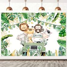 1pc Wild Animal Themed Birthday Background, Happy Birthday Polyester Background, Birthday Party Decorations Green Forest Wild 1st Birthday Supplies - Multicolor - View 1