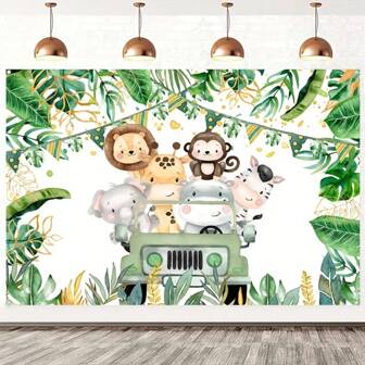 1 pieza Fondo de cumpleaños con temática de animales salvajes, Fondo de poliéster de feliz cumpleaños, Decoraciones de fiesta de cumpleaños Suministros de primer cumpleaños en verde bosque salvaje