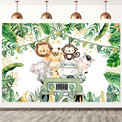 1 pieza Fondo de cumpleaños con temática de animales salvajes, Fondo de poliéster de feliz cumpleaños, Decoraciones de fiesta de cumpleaños Suministros de primer cumpleaños en verde bosque salvaje