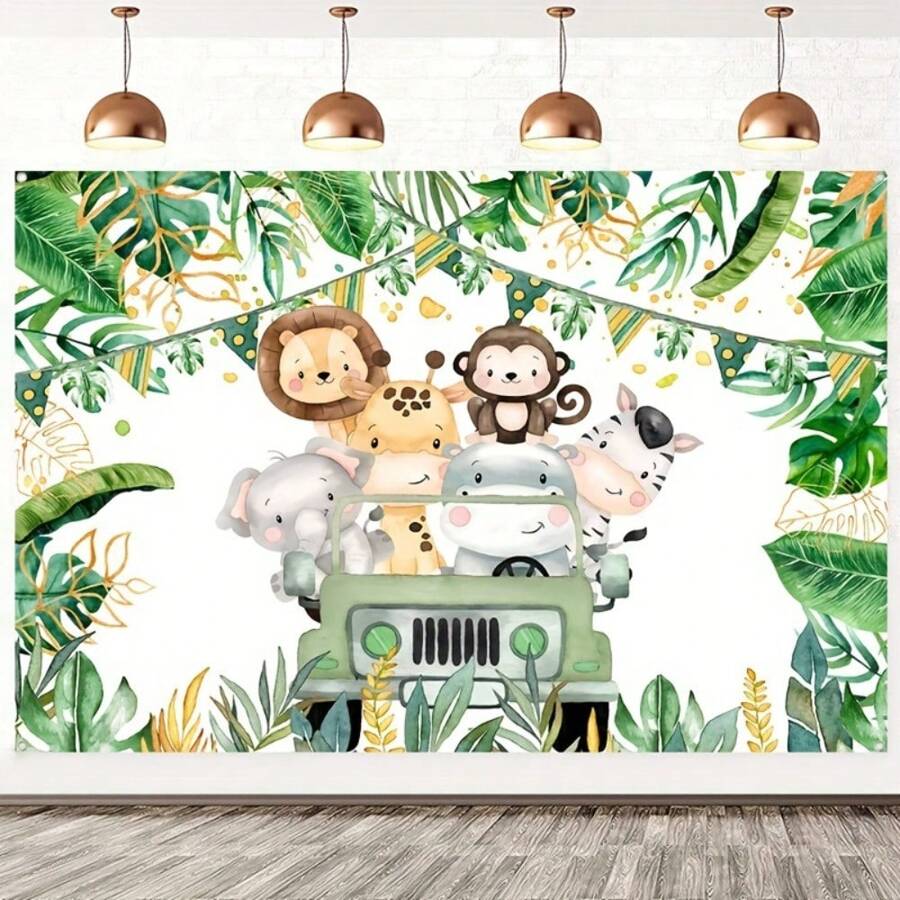 1pc Wild Animal Themed Birthday Background, Happy Birthday Polyester Background, Birthday Party Decorations Green Forest Wild 1st Birthday Supplies - Multicolor - View 1