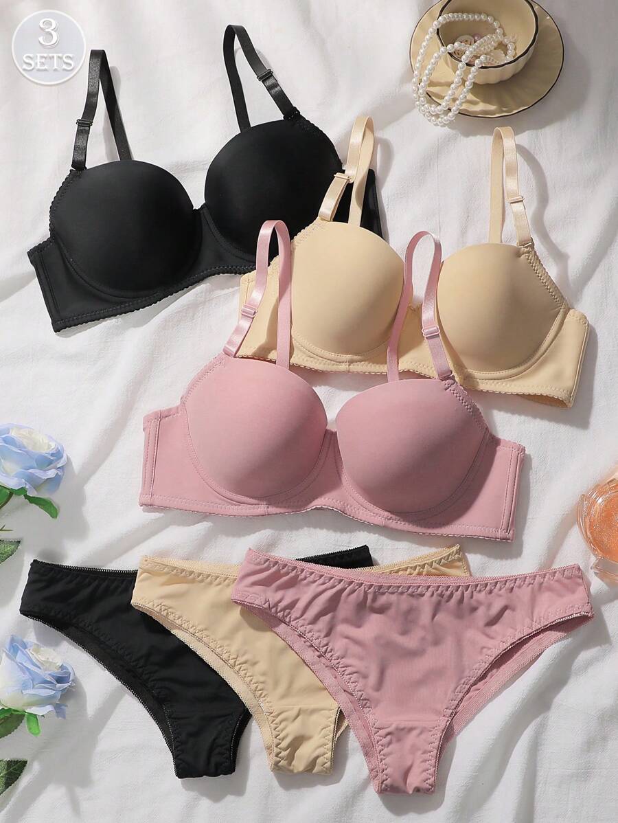 6pcs/Set Women's Solid Color Underwire Bra And Bikini Panty Set