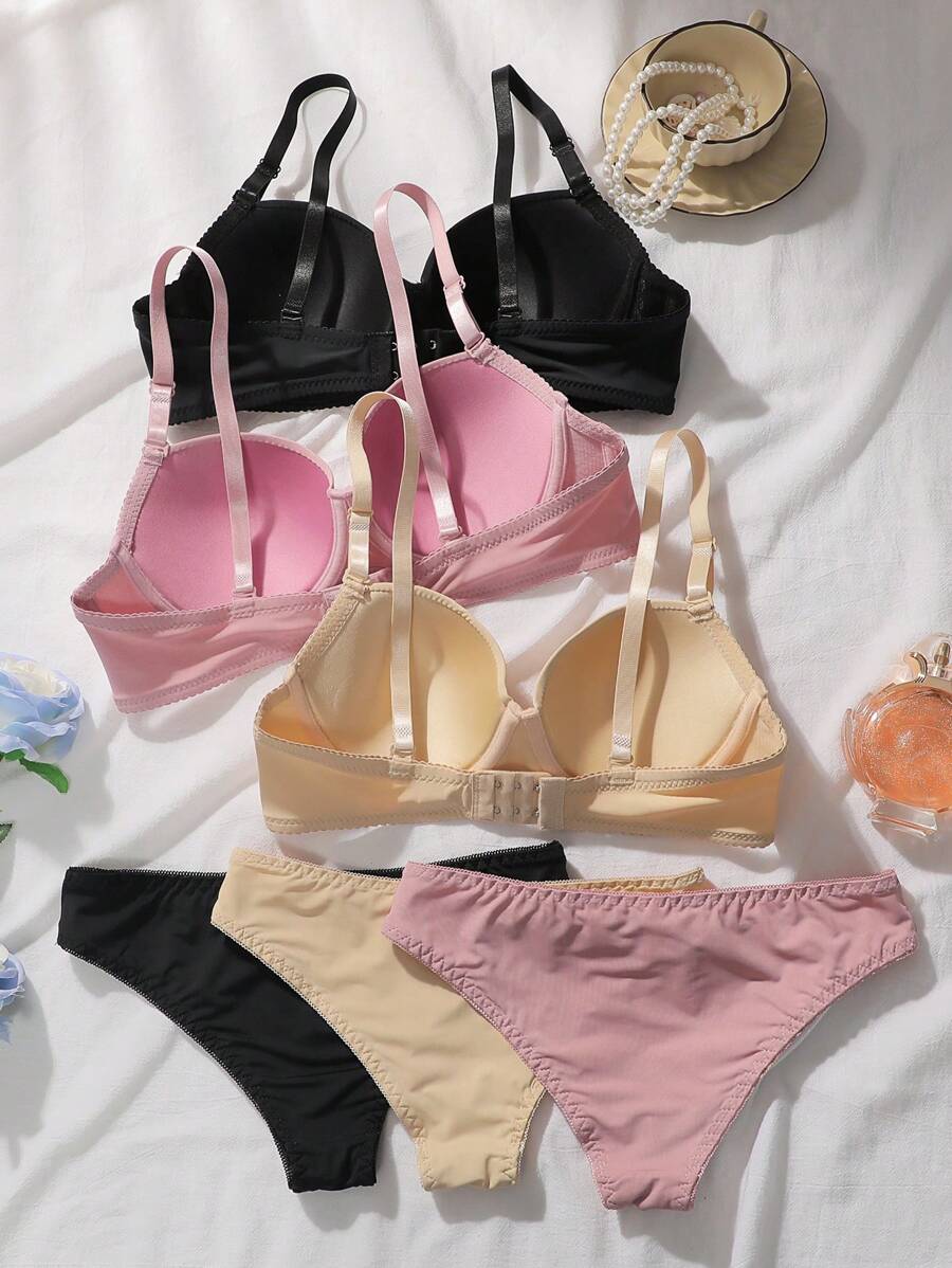 6pcs/Set Women's Solid Color Underwire Bra And Bikini Panty Set - Multicolor - View 1