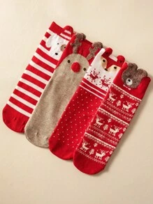 Merry Christmas 4 Pairs Women/Men/Kids Family Matching Mid-Calf Socks, Red Socks With Bear/Dog/Christmas Reindeer Stripe Pattern, Odor-Resistant Breathable Casual Fashionable Cute, Suitable For Christmas Gift/Party, Random Style - Multicolor - View 9