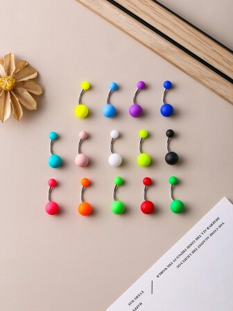 15pcs Rainbow Acrylic Ball Stainless Steel Navel Piercing, Hypoallergenic, Smooth Matte Finish, Popular In Europe, Middle East, Africa For Women, Suitable For Daily Wear And Events
