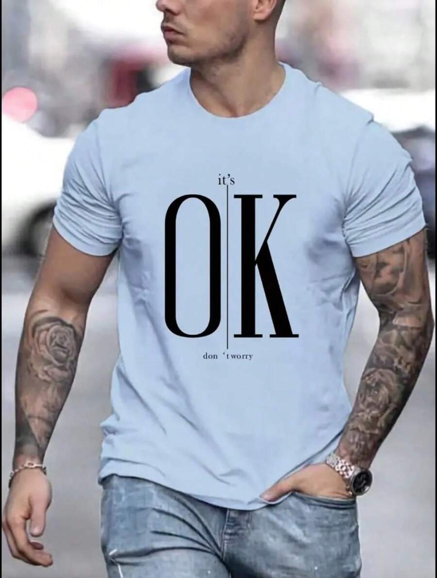 OK IT´S Men's And Women's T-Shirts Short Sleeve, Round Neck, Letter Print, Casual, Summer - Màu xanh nhạt - Xem 1