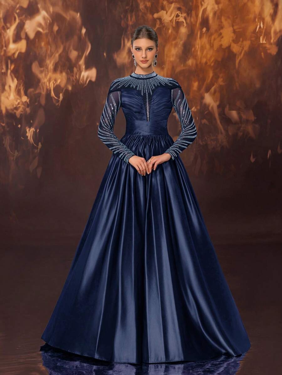 YISIKADO Robe de soirée élégante pour femmes en satin avec col montant, patchwork de strass et de maille. Robe de mariée invitée, robe de cérémonie, robe de bal, printemps - Bleu marine - Voir 1