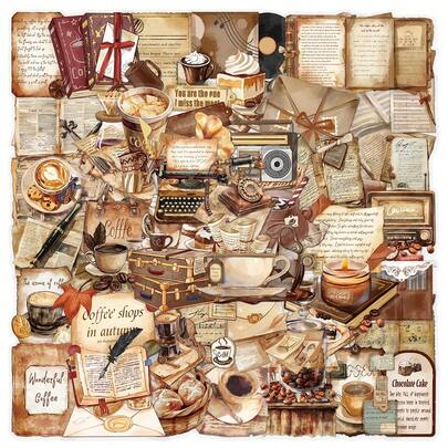 50 piezas de pegatinas con tema de café retro adecuadas para diarios, scrapbooks, fundas de teléfono, cuadernos, botellas de agua, pegatinas decorativas impermeables de PET papelería manualidades libro de sticker estikers
