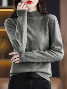 100% 美利奴羊毛女士毛衣柔软保暖立领套头衫秋冬毛衣单线无缝毛衣 - 灰色 - 查看 4