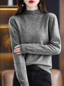 100% 美利奴羊毛女士毛衣柔软保暖立领套头衫秋冬毛衣单线无缝毛衣 - 灰色 - 查看 3