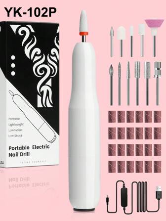 YOKEFELLOW Kit de taladro de uñas eléctrico YOKEFELLOW Máquina de taladro de uñas profesional de color blanco a 30,000 RPM, lima portátil y herramienta pulidora con 12 accesorios de taladro de uñas, 6 cintas de lijado y 1 bolsa de cintas de lijado para cortar esmalte de gel, kit de manicura y pedicura para uso en salón de uñas por profesionales o principiantes, un regalo ideal para amigos y familia