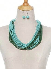3 件非洲/波西米亚风格个性化夸张木珠项链 + 耳环套装手工多层毛衣链项链个性潮流时尚串珠多层珠宝项圈，适合女性秋冬季佩戴 - 彩色 - 查看 16