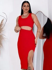 Women's Strappy Tank Top Ribbed Knit Midi Dress With Slit - Đỏ - Xem 7
